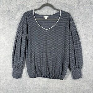 Sundance Mariner Journey Linen Slub Knit Top Size S Navy Blue‎ Stripe V Neck